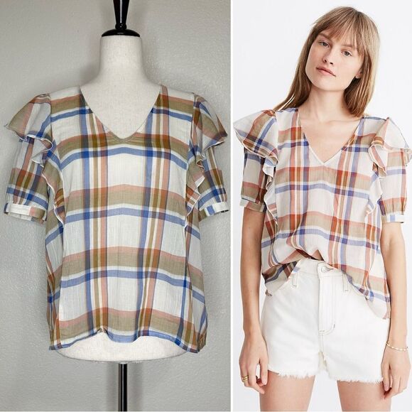 Madewell V-neck Textured Plaid Shoulder-Ruffle Top - Picture 1 of 13